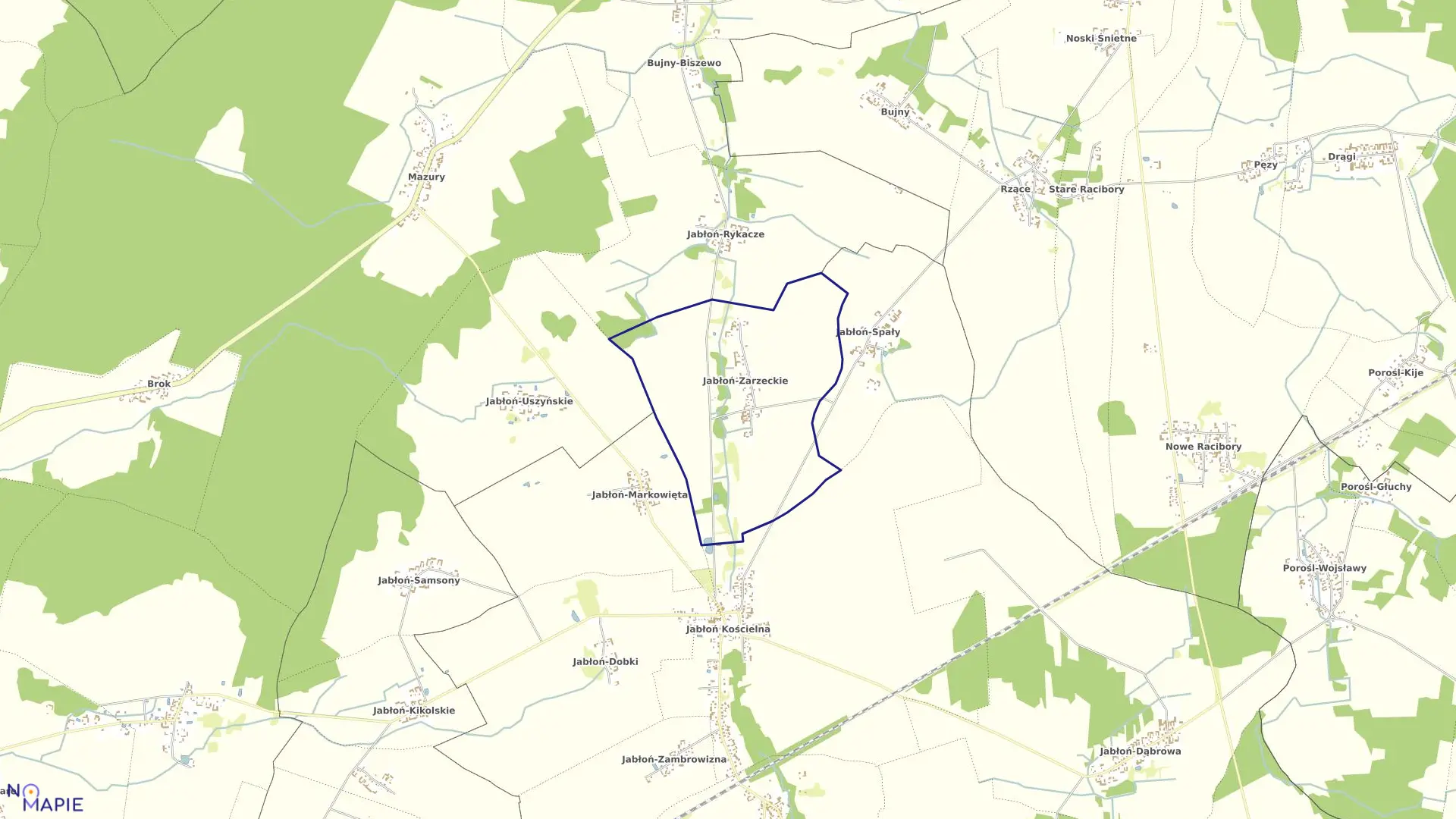 Mapa obrębu JABŁOŃ-ZARZECKIE w gminie Nowe Piekuty