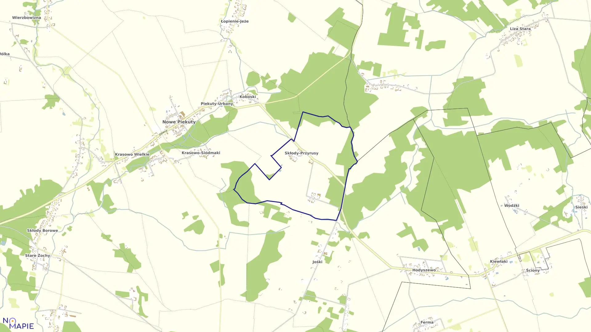 Mapa obrębu SKŁODY-PRZYRUSY w gminie Nowe Piekuty